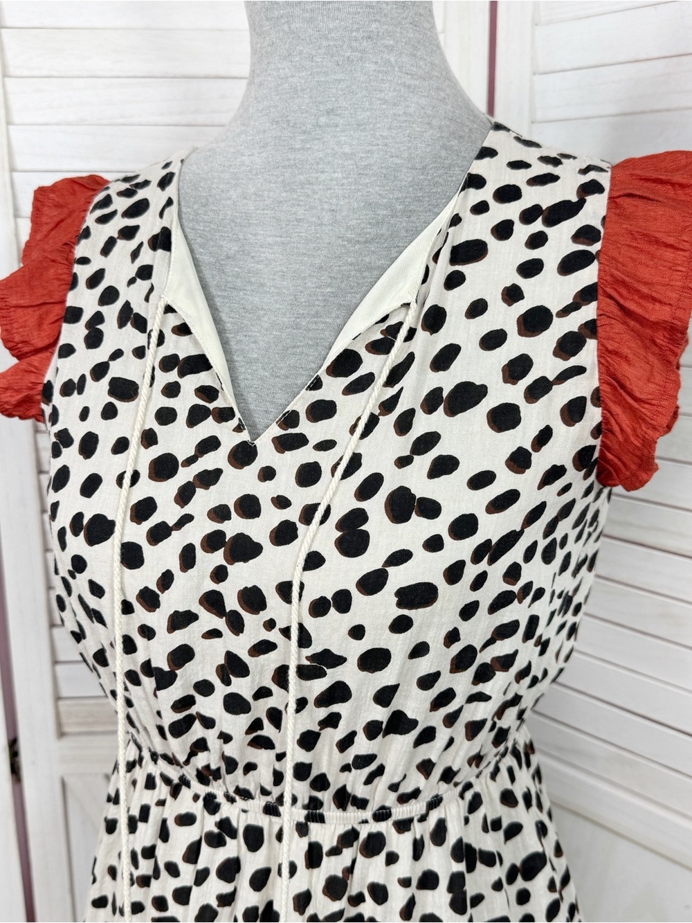 THML Animal Print Ruffle Trim Midi Dress Sundress Ivory Black XS Leopard Cottage - Picture 5 of 12
